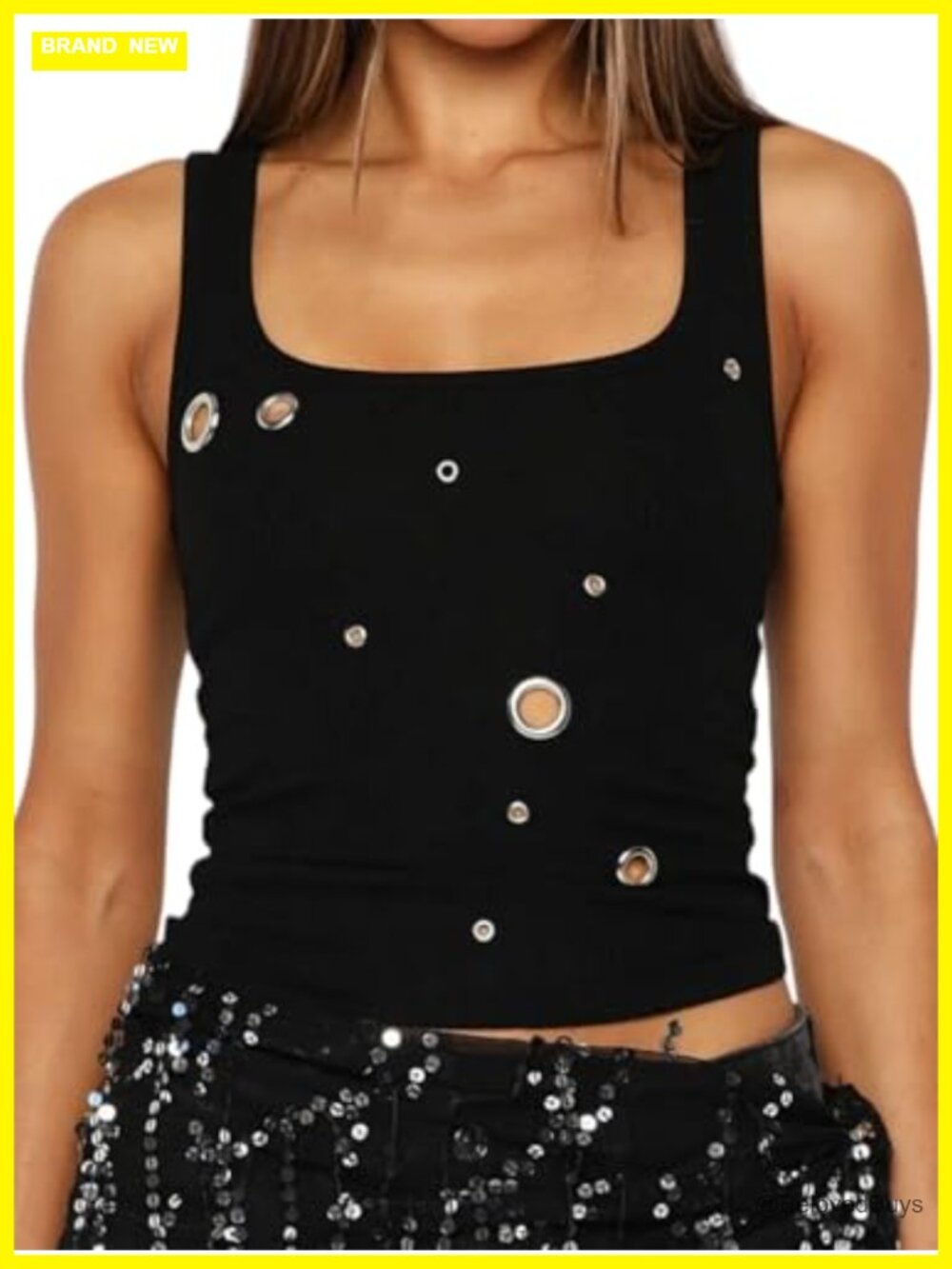Women's Grommet Tank Top Silver Eyelets Ribbed Square Neck Sleeveless Slim